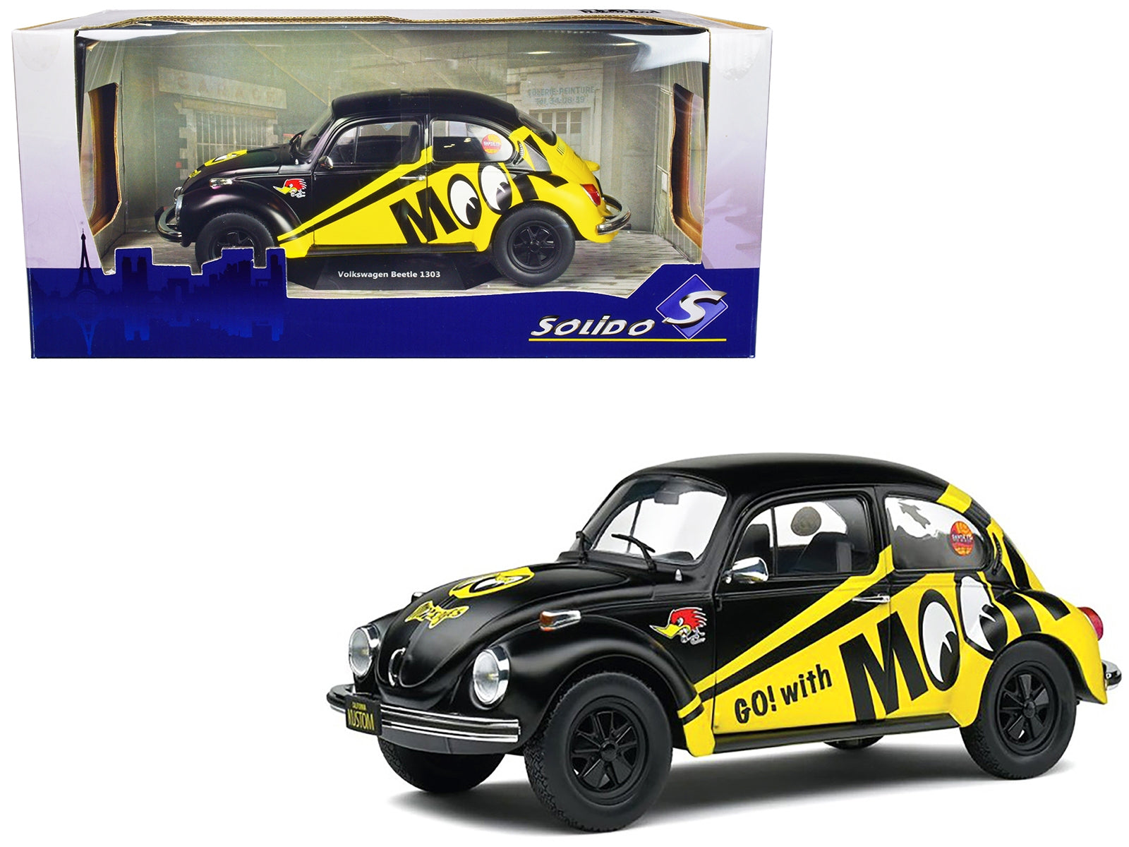 1974 Volkswagen Beetle 1303 Matt Black and Yellow "Go with Mooneyes" 1/18 Diecast Model Car by Solido - Minihomy