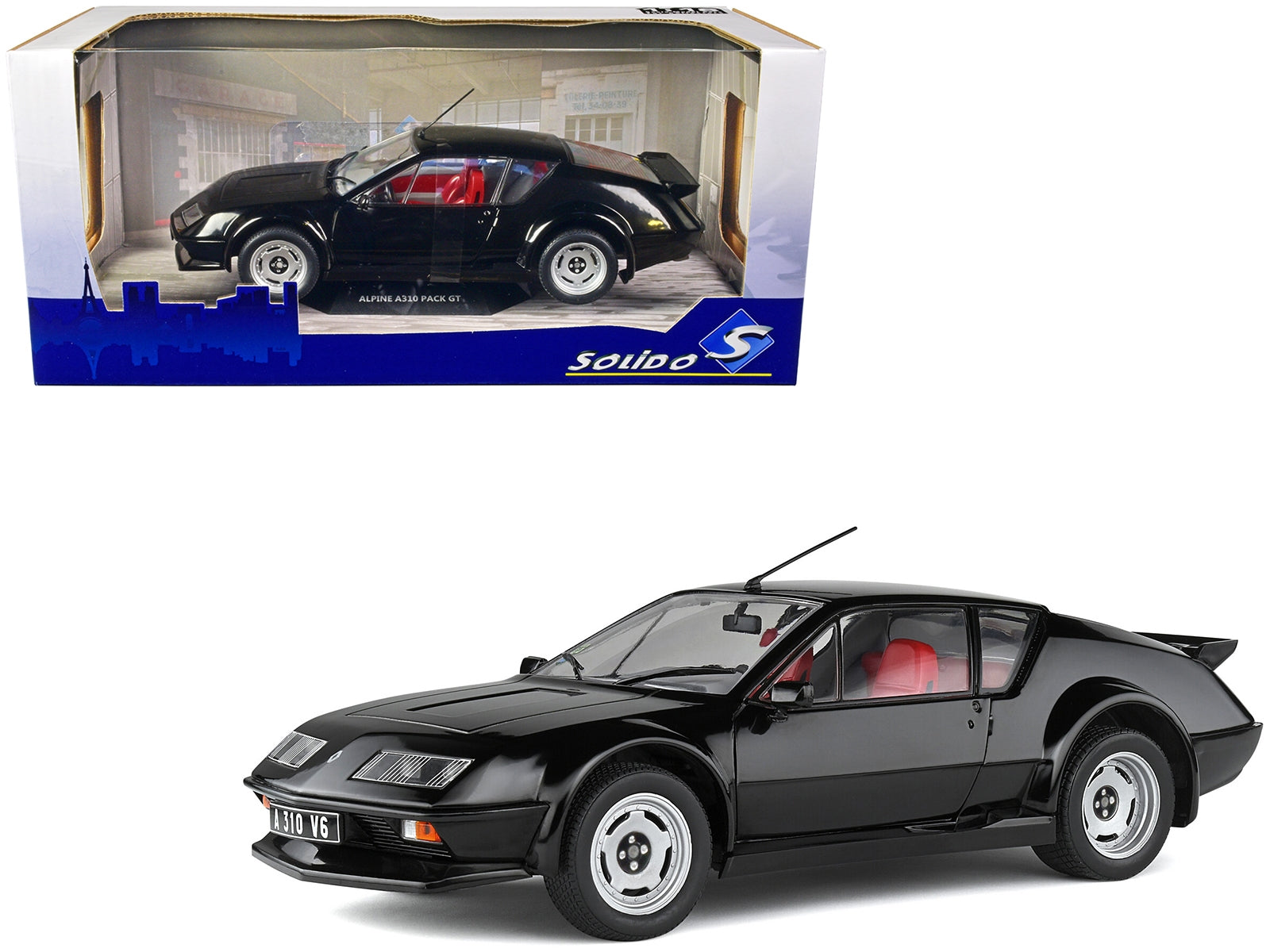 1983 Alpine A310 Pack GT Noir Irise Black with Red Interior 1/18 Diecast Model Car by Solido - Minihomy