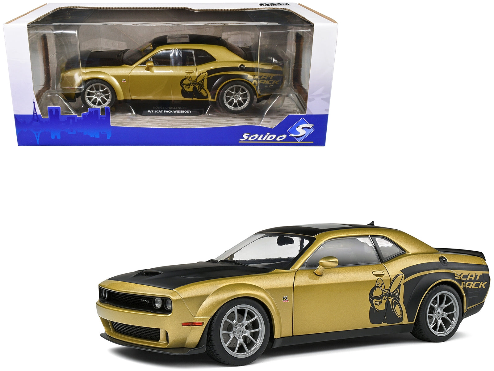 2020 Dodge Challenger R/T Scat Pack Widebody "Street Fighter" Goldrush Metallic and Black with Sunroof 1/18 Diecast Model Car by Solido - Minihomy