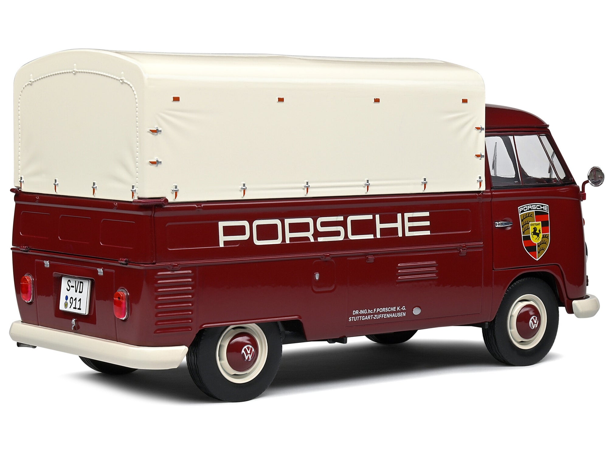 1950 Volkswagen T1 Pickup Truck with Camper Shell Dark Red "Porsche Service" 1/18 Diecast Model Car by Solido - Minihomy