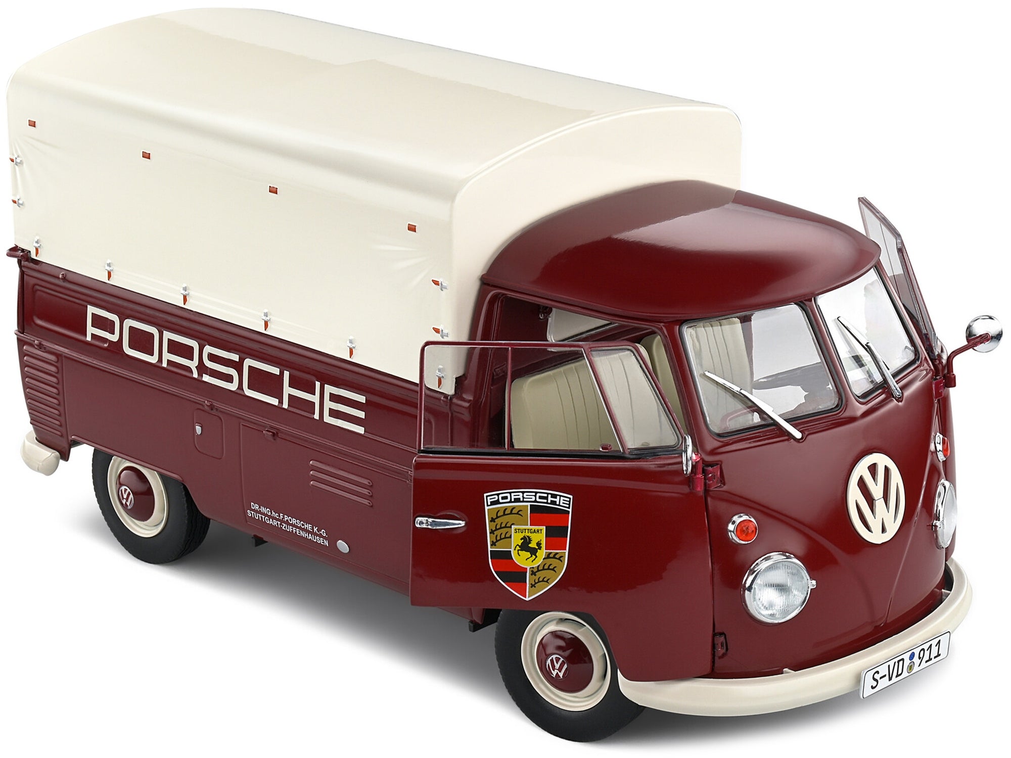 1950 Volkswagen T1 Pickup Truck with Camper Shell Dark Red "Porsche Service" 1/18 Diecast Model Car by Solido - Minihomy