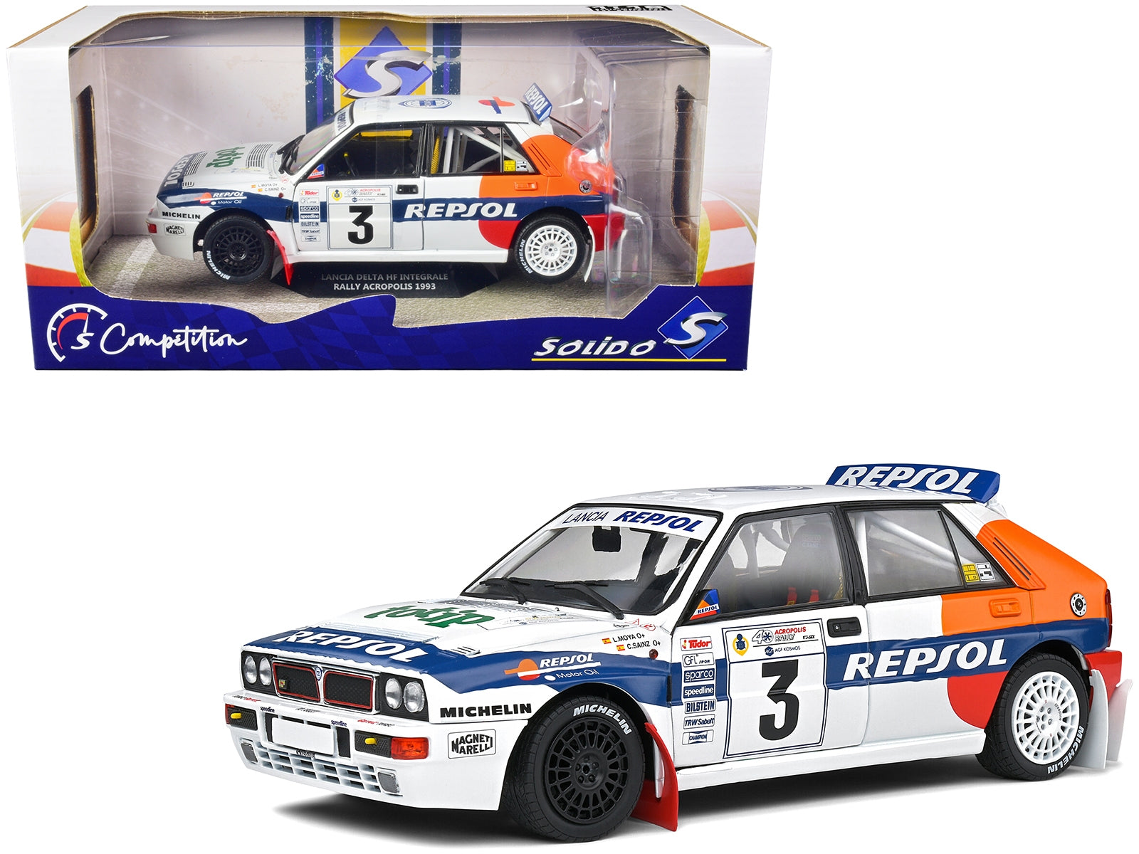 Lancia Delta HF Integrale #3 Carlos Sainz - Luis Moya "Acropolis Rally" (1993) "Competition" Series 1/18 Diecast Model Car by Solido - Minihomy