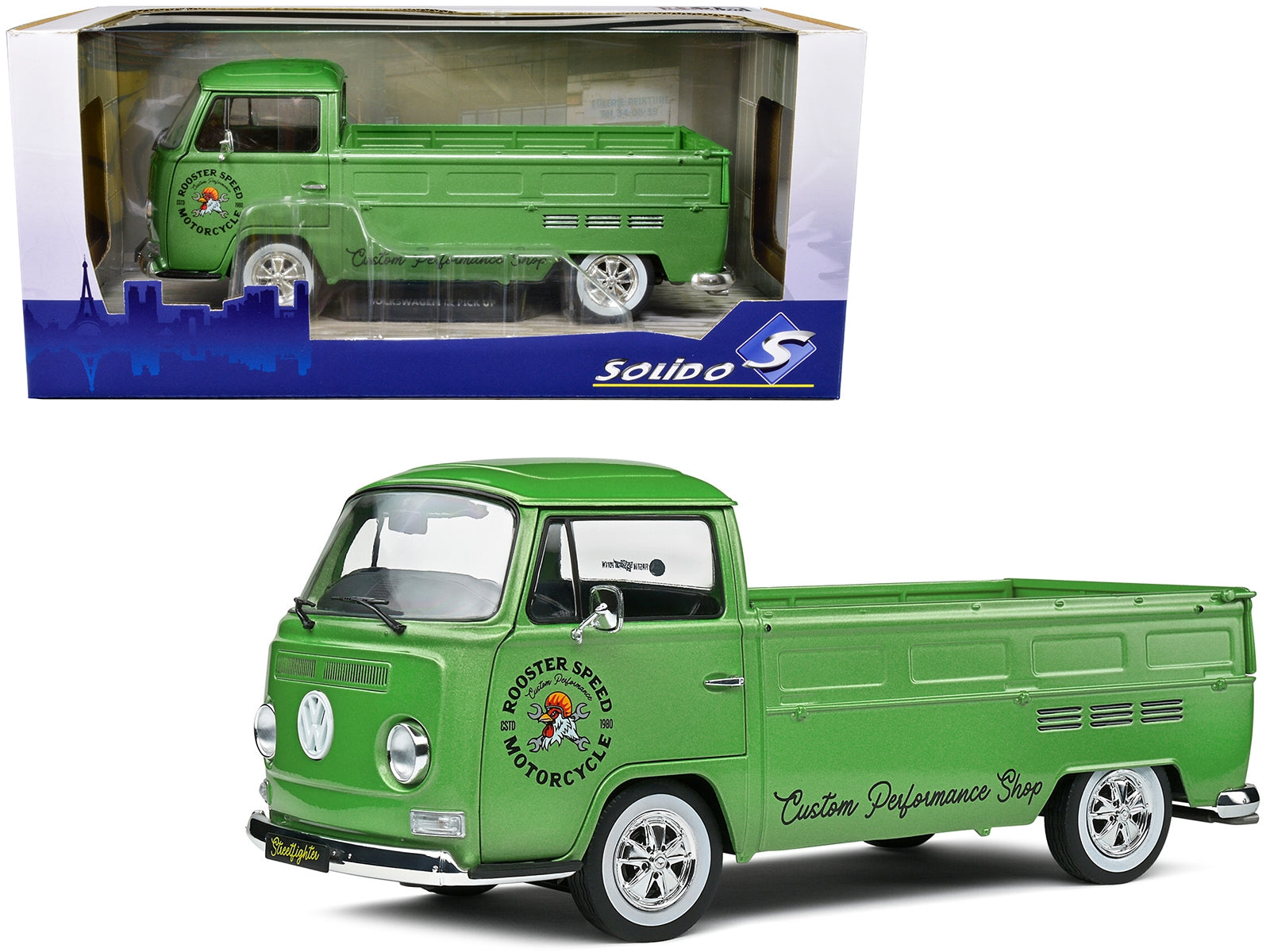 1968 Volkswagen T2 Pickup Truck Green Metallic "Rooster Speed Motorcycle" 1/18 Diecast Model Car by Solido - Minihomy