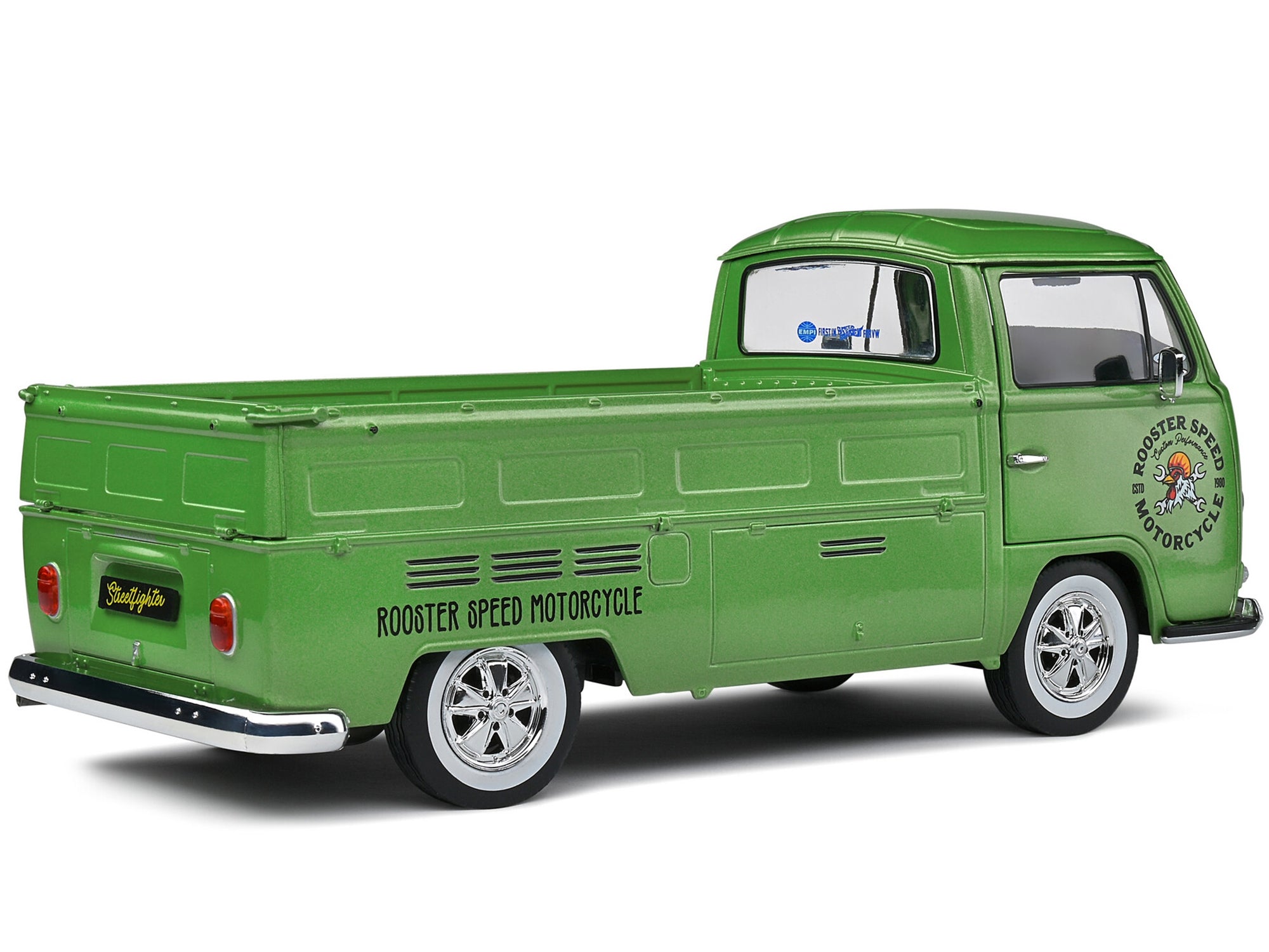 1968 Volkswagen T2 Pickup Truck Green Metallic "Rooster Speed Motorcycle" 1/18 Diecast Model Car by Solido - Minihomy