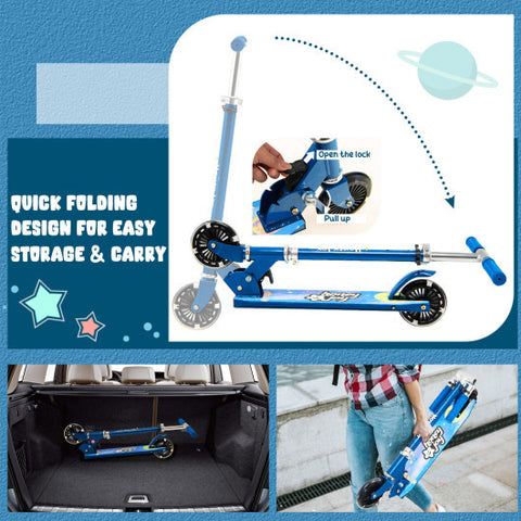 Folding Kick Scooter with 3 Adjustable Heights for Kids-Blue - Color: Blue