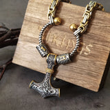 Stainless Steel king chain with rune beads and thor, hammer viking necklace  with wooden box as boyfriend gift
