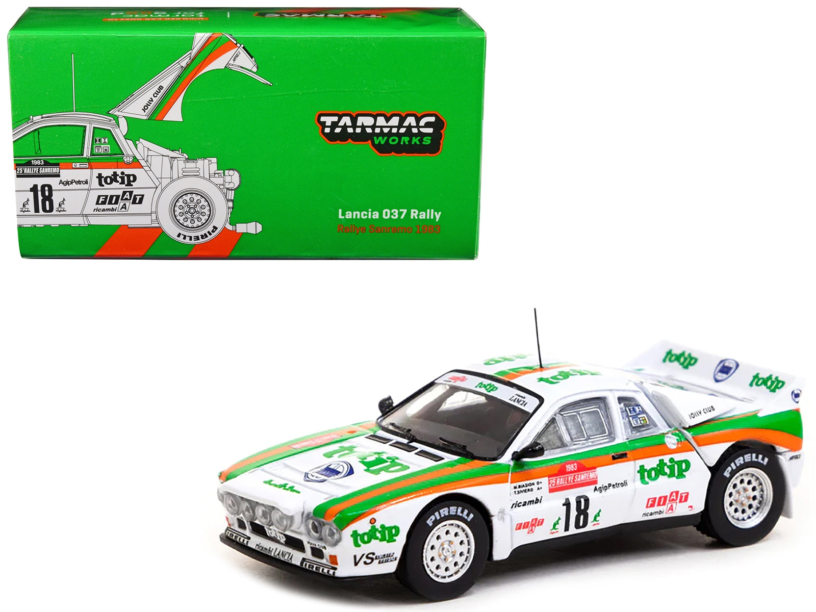 Lancia 037 Rally #18 Miki Biasion - Tiziano Siviero "Rallye Sanremo" (1983) "Hobby64" Series 1/64 Diecast Model Car by Tarmac Works - Minihomy