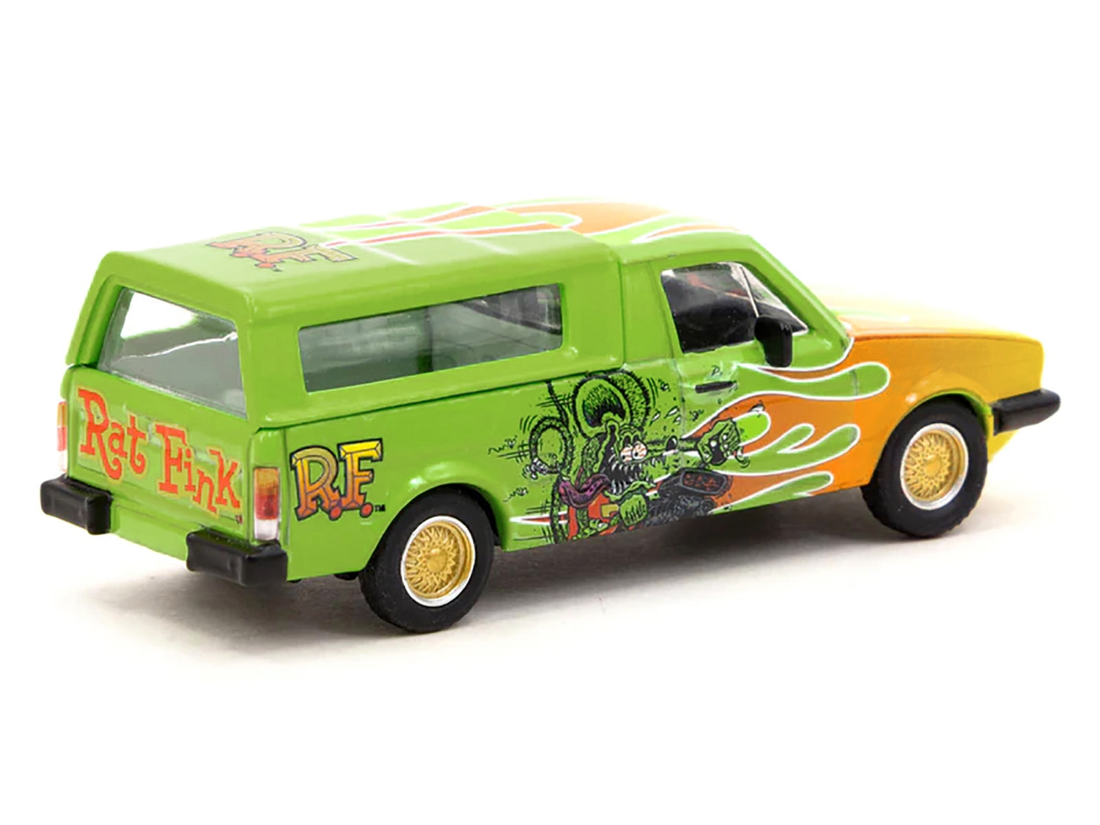 Schuco & Tarmac Works 1/64 Diecast: Green VW Caddy Pickup, Flames, "Rat Fink" Graphics