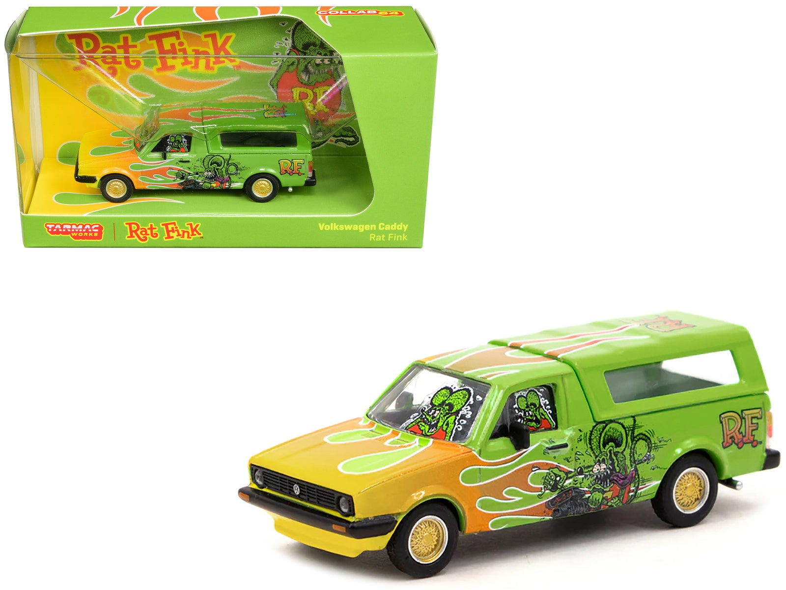 Schuco & Tarmac Works 1/64 Diecast: Green VW Caddy Pickup, Flames, "Rat Fink" Graphics