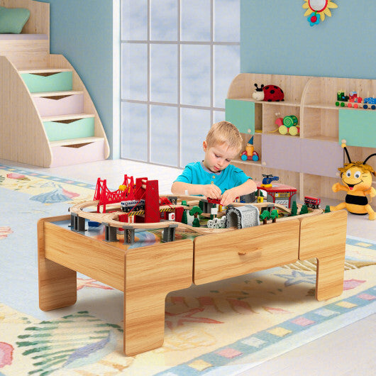 Kids Double-Sided Wooden Train Table Playset with Storage Drawer - Color: Natural