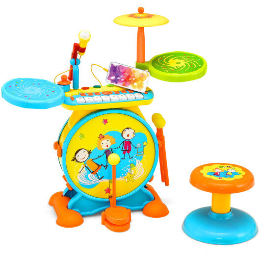 2-in-1 Kids Electronic Drum and Keyboard Set with Stool-Blue - Minihomy