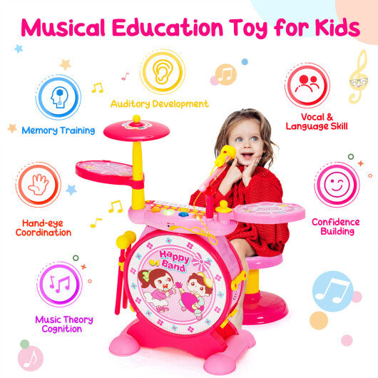 2-in-1 Kids Electronic Drum and Keyboard Set with Stool-Pink - Color: Pink - Minihomy