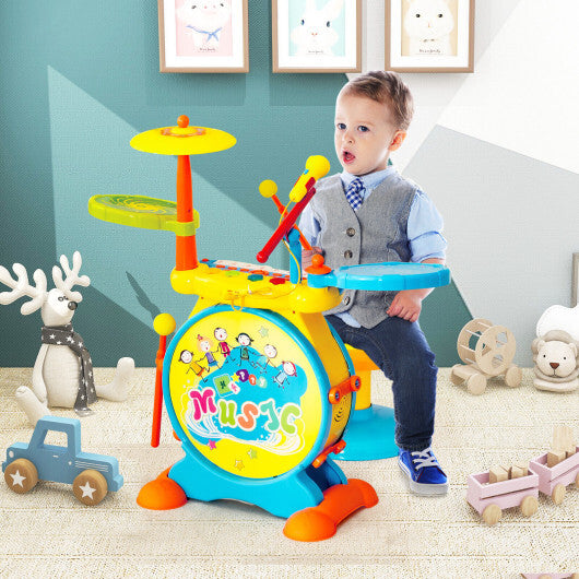 2-in-1 Kids Electronic Drum and Keyboard Set with Stool-Blue - Minihomy