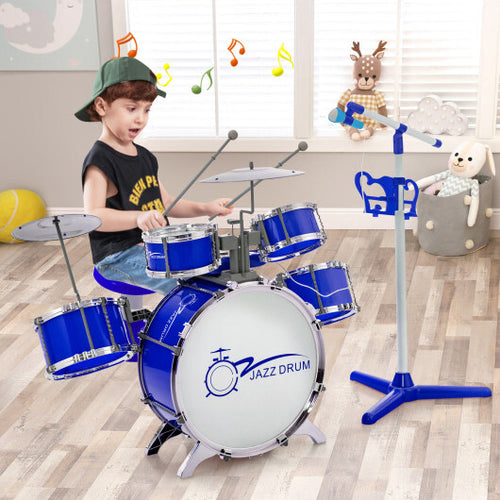 Kids Jazz Drum Keyboard Set with Stool and Microphone Stand-Blue - Color: Blue