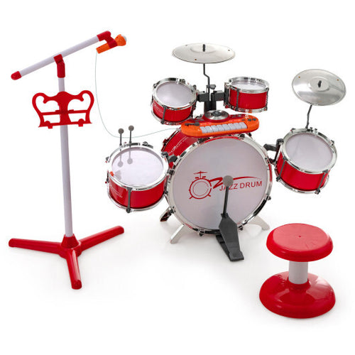 Kids Jazz Drum Keyboard Set with Stool and Microphone Stand-Red - Color: Red