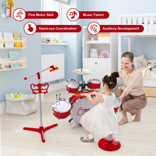 Kids Jazz Drum Keyboard Set with Stool and Microphone Stand-Red - Color: Red