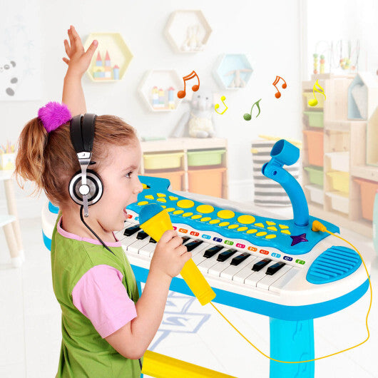 31-Key Kids Piano Keyboard Toy with Microphone and Multiple Sounds for Age 3+-Blue - Minihomy