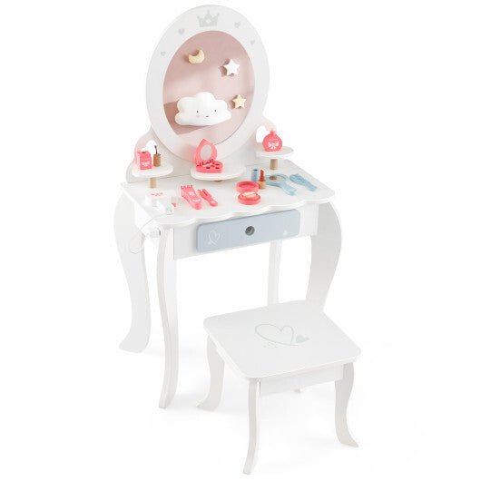 Kids 2-in-1 Princess Makeup Table and Chair Set with Removable Mirror-White