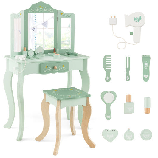 Kids Vanity Set with Tri-folding Mirror-Green - Color: Green