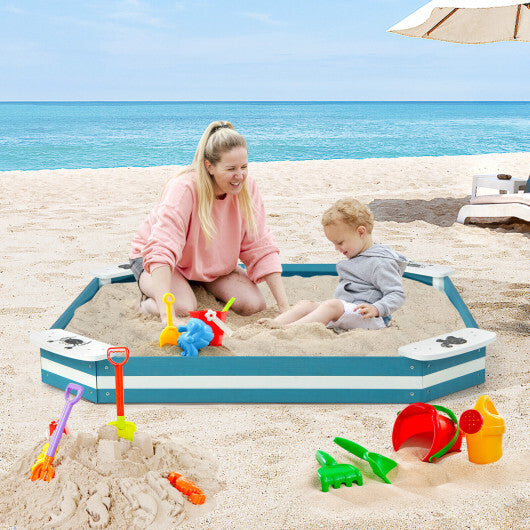 Outdoor Solid Wood Sandbox with 4 Built-in Animal Patterns Seats - Color: Blue