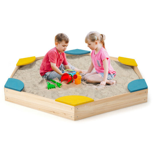 Outdoor Solid Wood Sandbox with 6 Built-in Fan-shaped Seats - Color: Multicolor