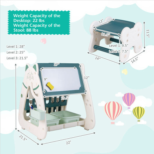 3-In-1 Double Sided Magnetic Dry-Erase Board with Stool and Flipped Writing Desktop-Green - Minihomy