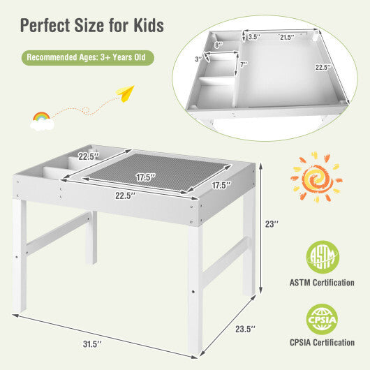 3 in 1 Wooden Kids Table with Storage and Double-Sided Tabletop-White - Minihomy