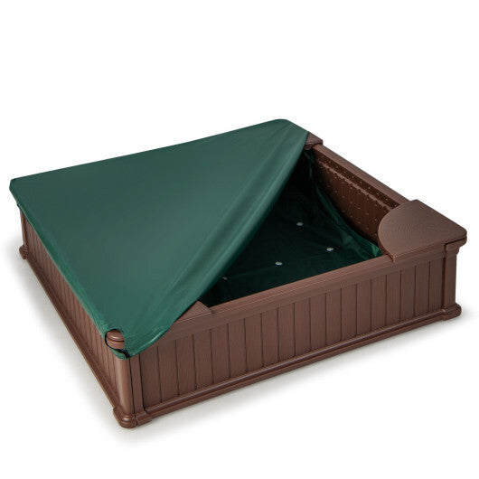 Kids Outdoor Sandbox with Oxford Cover and 4 Corner Seats-Brown