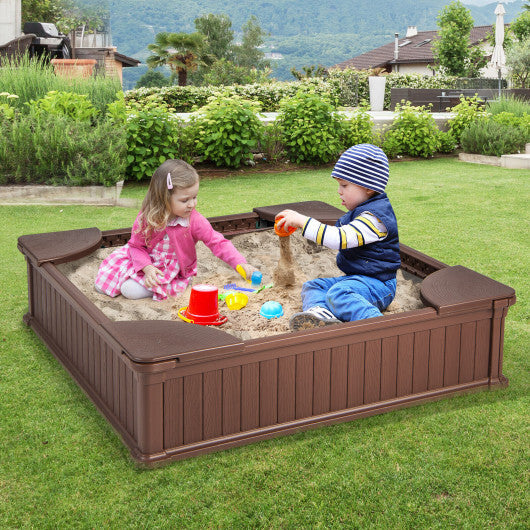 Kids Outdoor Sandbox with Oxford Cover and 4 Corner Seats-Brown