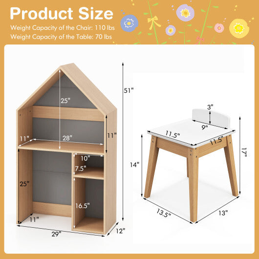 2-in-1 Kids House-Shaped Table and Chair Set-Gray - Minihomy