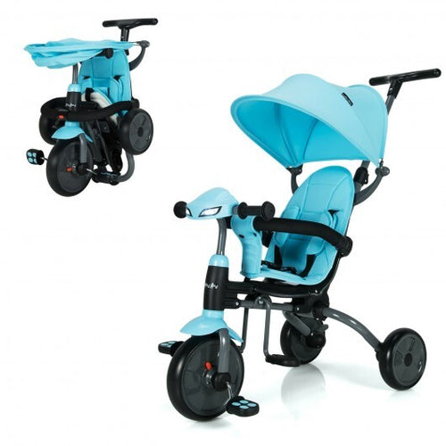 6-in-1 Foldable Baby Tricycle Toddler Stroller with Adjustable Handle-Blue - Color: Blue