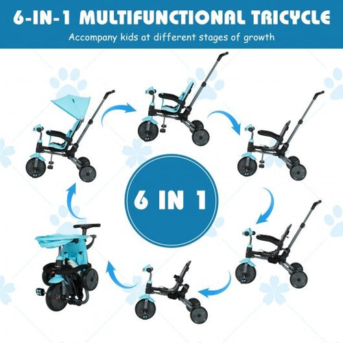 6-in-1 Foldable Baby Tricycle Toddler Stroller with Adjustable Handle-Blue - Color: Blue