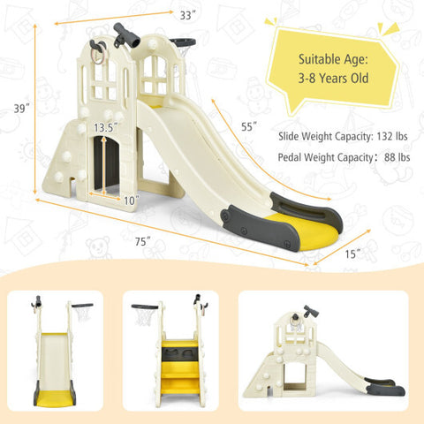 6-In-1 Large Slide for Kids Toddler Climber Slide Playset with Basketball Hoop-Yellow - Color: Yellow