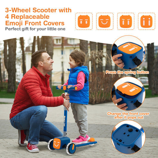 Folding Adjustable Kids Toy Scooter with LED Flashing Wheels Horn 4 Emoji Covers-Blue - Color: Blue - Minihomy