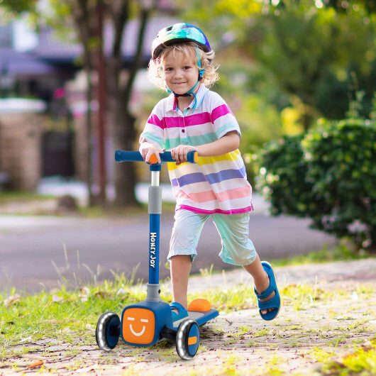 Folding Adjustable Kids Toy Scooter with LED Flashing Wheels Horn 4 Emoji Covers-Blue - Minihomy