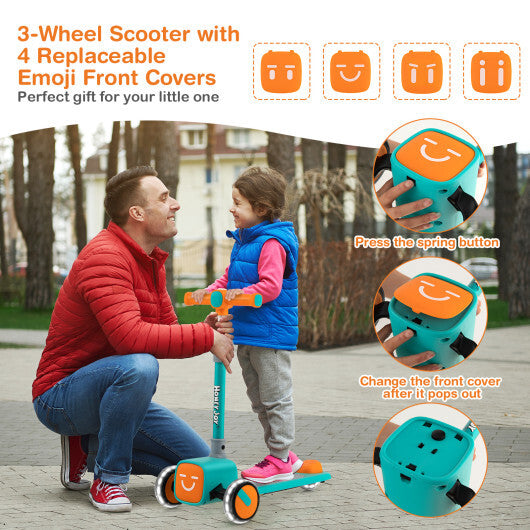 Folding Adjustable Kids Toy Scooter with LED Flashing Wheels Horn 4 Emoji Covers-Blue - Minihomy