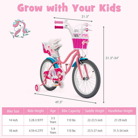 Kids Bicycle with Training Wheels and Basket for Boys and Girls Age 3-9 Years-18" - Color: Pink - Size: L