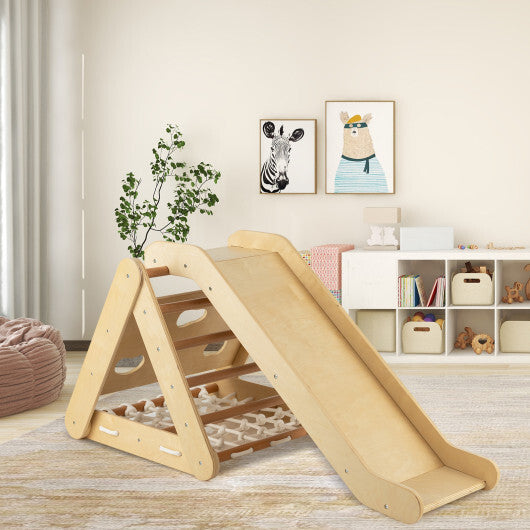 4 in 1 Triangle Climber Toy with Sliding Board and Climbing Net-Natural - Color: Natural - Minihomy