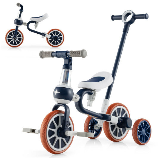 4-in-1 Kids Trike Bike with Adjustable Parent Push Handle and Seat Height-Navy - Color: Navy - Minihomy