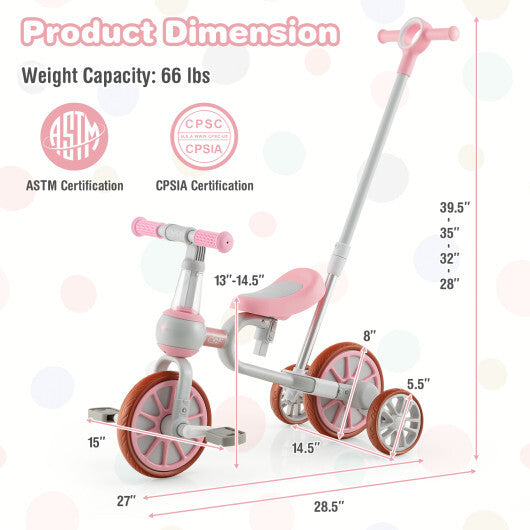 4-in-1 Kids Trike Bike with Adjustable Parent Push Handle and Seat Height-Pink - Minihomy