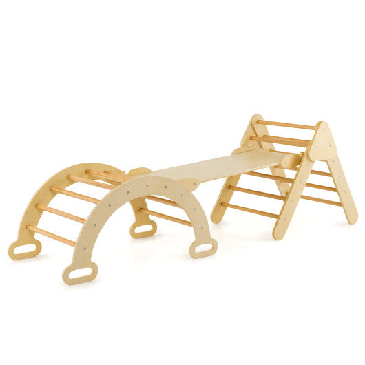 2-in-1 Wooden Kids Climber Toys with Triangle Arch Ramp-Natural - Minihomy