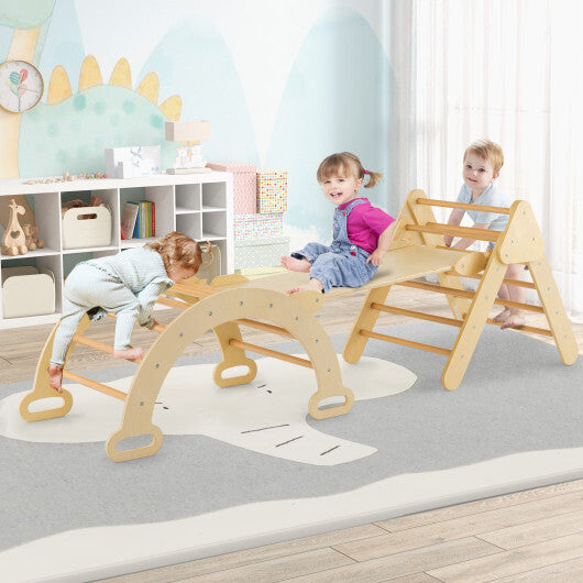 2-in-1 Wooden Kids Climber Toys with Triangle Arch Ramp-Natural - Minihomy