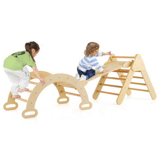 2-in-1 Wooden Kids Climber Toys with Triangle Arch Ramp-Natural - Minihomy