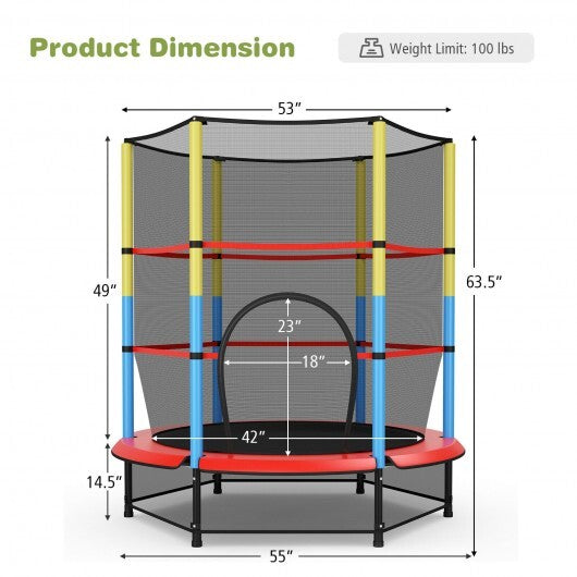 55 Inches Kids Trampoline Recreational Bounce Jumper with Safety Enclosure Net - Color: Multicolor - Minihomy