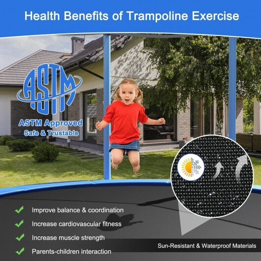 14 Feet Jumping Exercise Recreational Bounce Trampoline with Safety Net - Color: Blue - Size: 14 ft - Minihomy