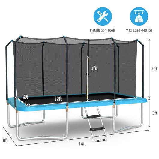 8 x 14 Feet Rectangular Recreational Trampoline with Safety Enclosure Net and Ladder-Blue - Minihomy