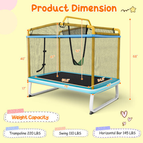 6 Feet Rectangle Trampoline with Swing Horizontal Bar and Safety Net-Yellow - Color: Yellow