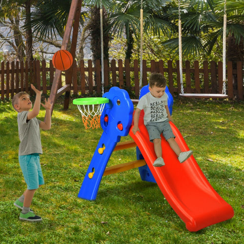 2 Step Indoors Kids Plastic Folding Slide with Basketball Hoop - Color: Multicolor