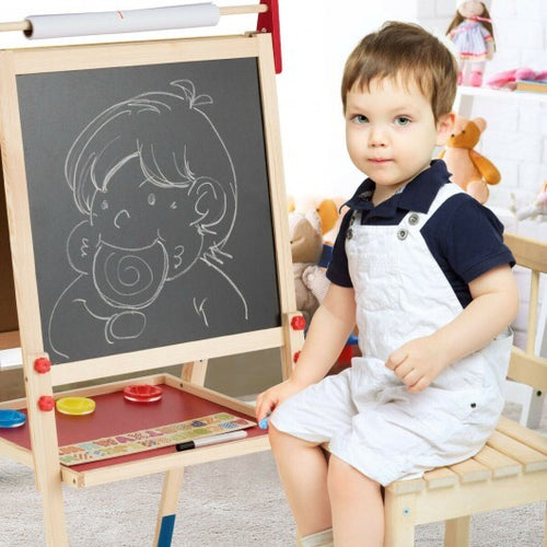 All-in-One Wooden Height Adjustable Kid's Art Easel with Magnetic Stickers and Paper