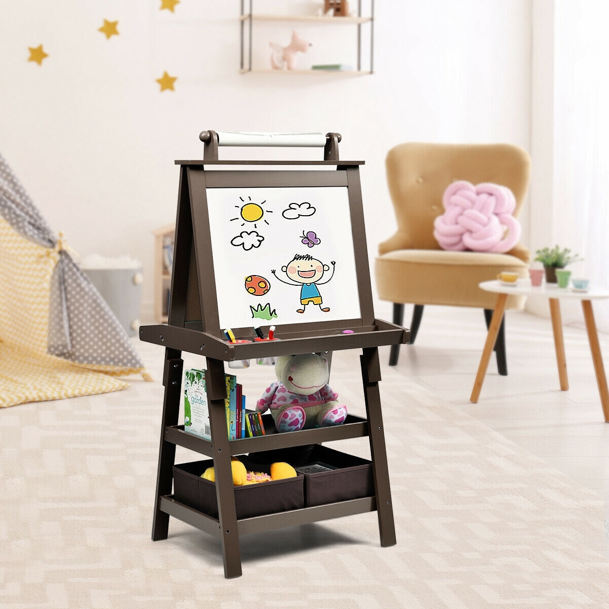 3 in 1 Double-Sided Storage Art Easel-Brown - Color: Brown - Minihomy